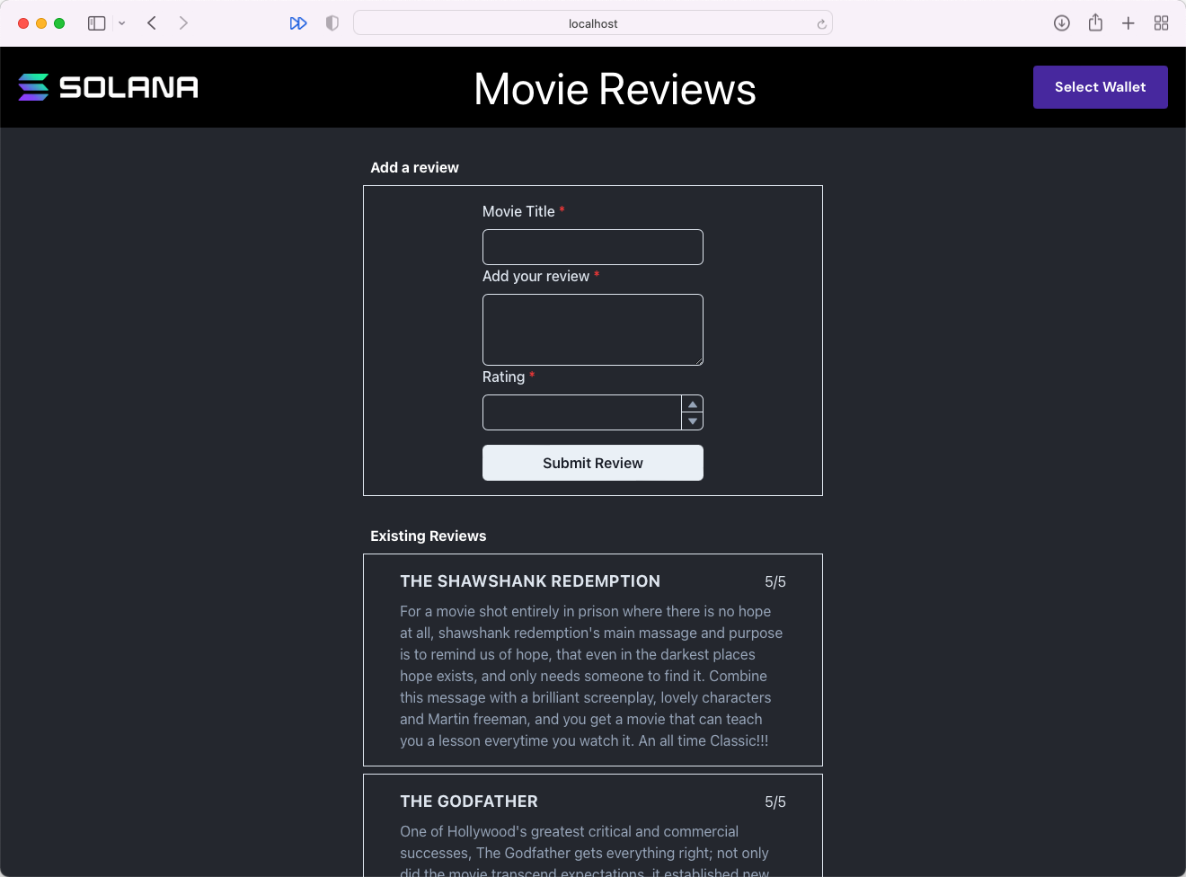 Screenshot of movie review frontend