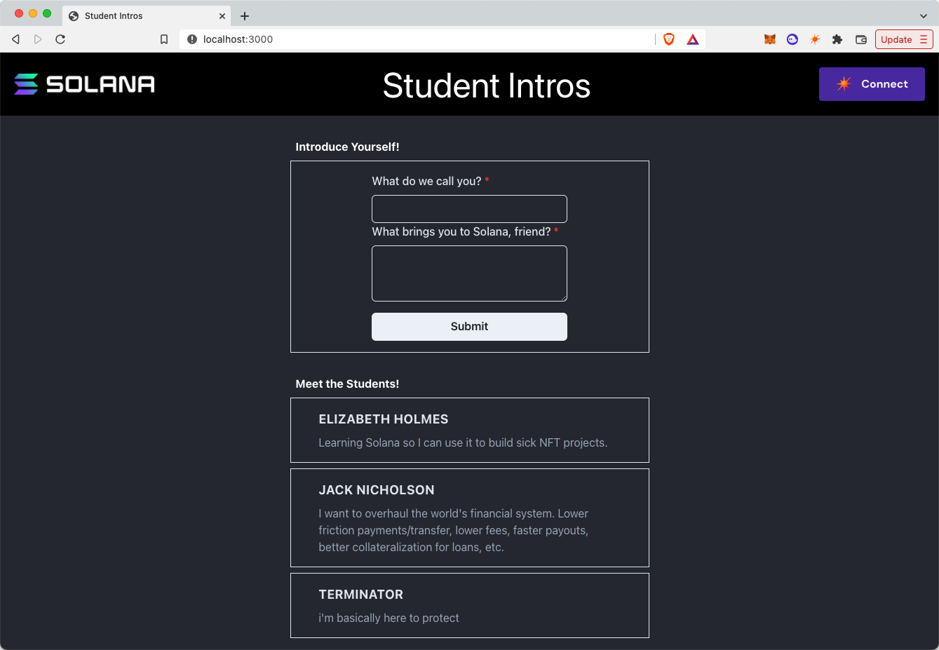 Screenshot of Student Intros frontend